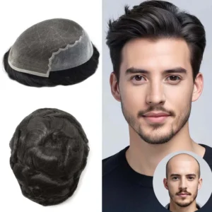 Swiss Super Welded Lace with Poly Natural Hairline Bleached Knots Men Toupee Natural Hair System